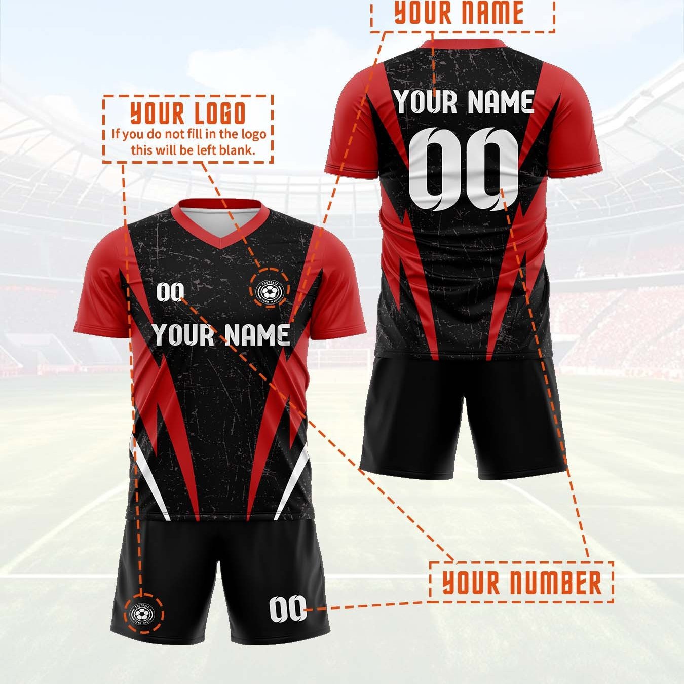 E-shop Sportoutfit mit V-Ausschnitt Fußball T-Shirt, personalisierbar mit Namen, Nummern und Logos. Inklusive Oberteil und Shorts, hergestellt aus