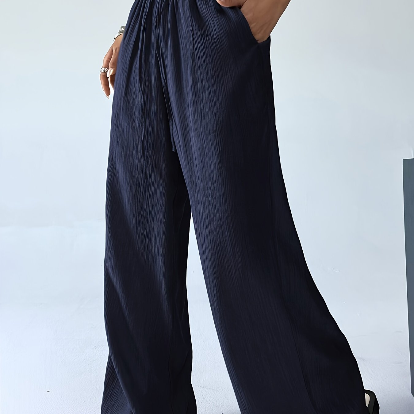 TEMU Spring/summer Women's Pants, Elegant Casual Daily Wear Comfortable Loose-fit Trousers, Simple Drawstring Elastic Waist Wide-leg Pants,
