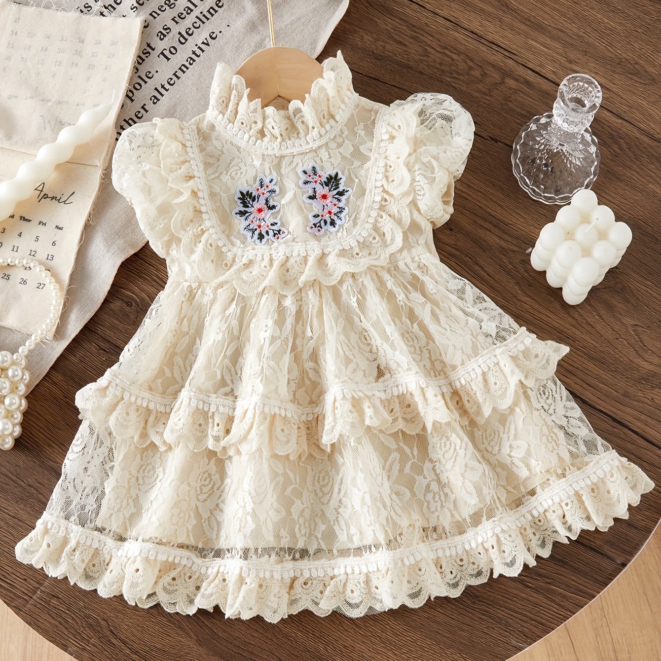 Image of Puff Sleeve Cake Princess Dress, Children's Infant Baby Girl Cute Chic Floral Embroidery Mesh , Halloween