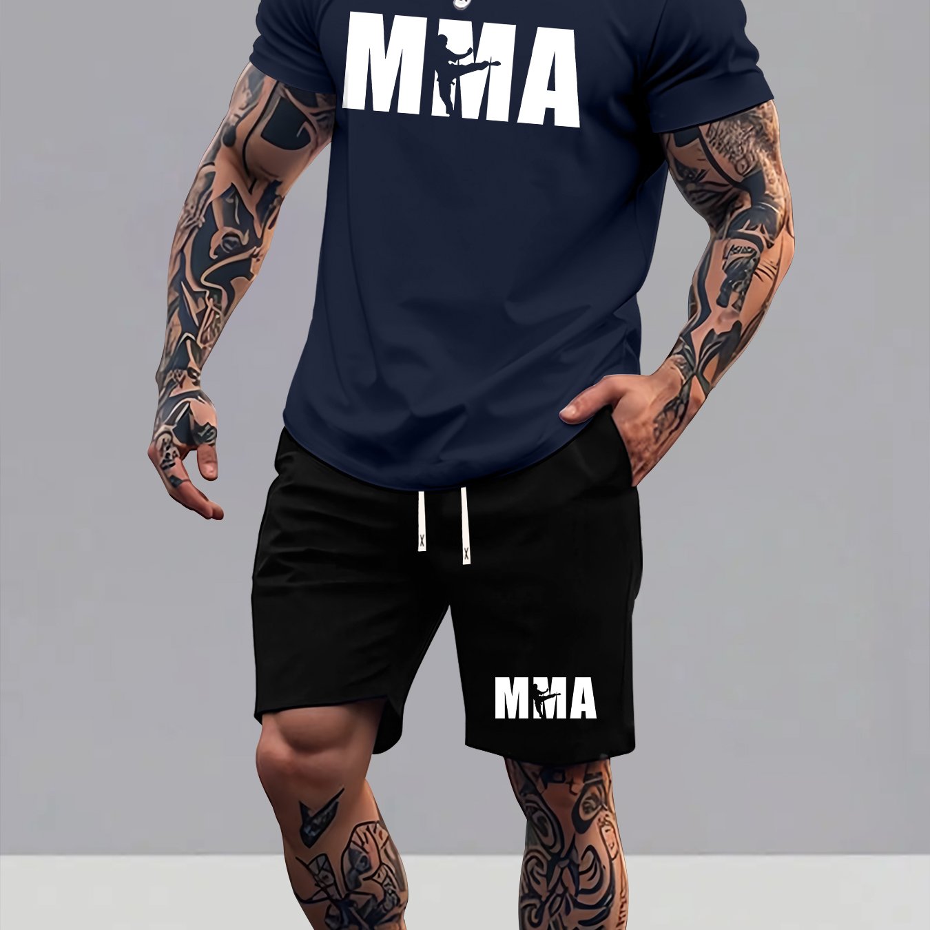 TEMU Men's Summer T-shirt Two-piece Set, Mma Graphic Element Men's Versatile Shorts Outfit, Casual Short-sleeve Top Trendy Sportswear