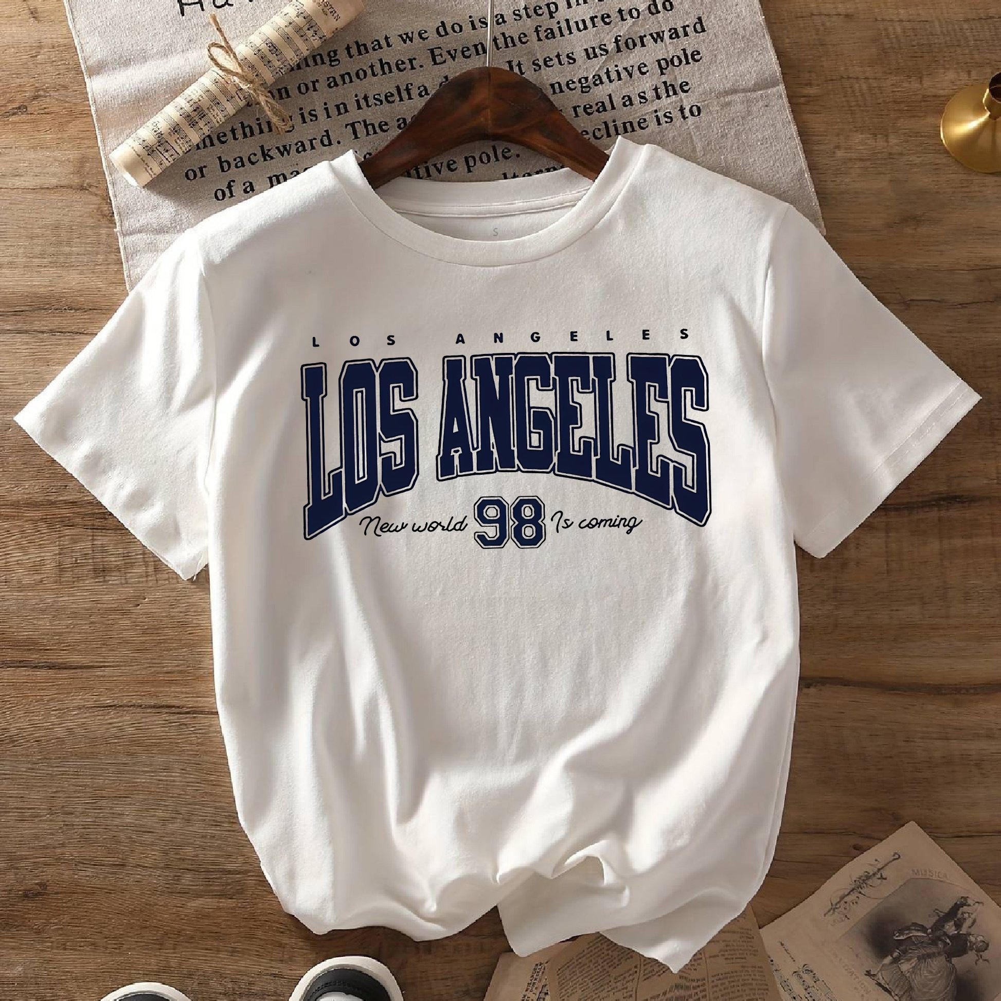 TEMU Los Angeles Letter Neck T-shirt - Casual Short Sleeve Top For Women, Stretchy Polyester Blend, Machine Washable