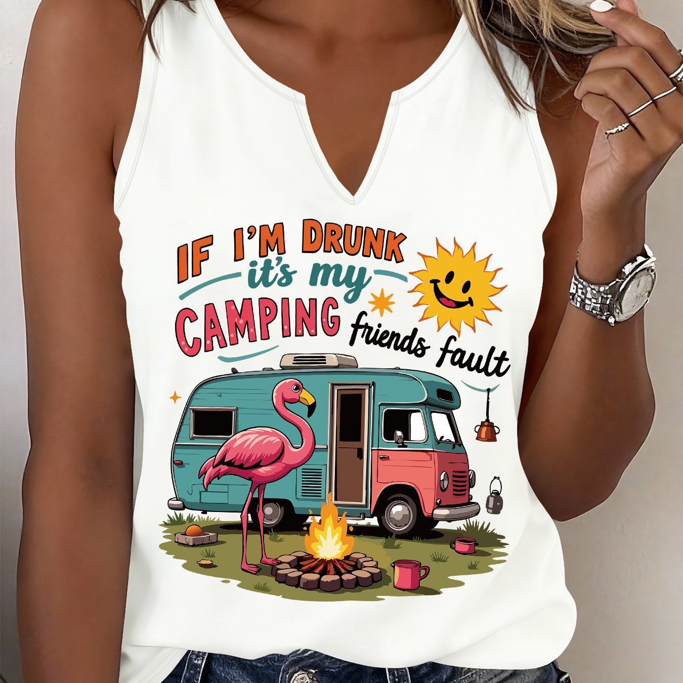 TEMU (052#) Women's Fashion Refreshing Tank Top, Camping-themed Sleeveless Vest, Casual Versatile Top
