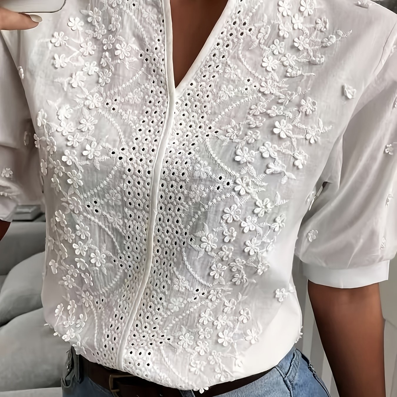 TEMU Zj0308012 Women's Directional Shirt, Short Sleeve Floral Eyelet Solid Elegant Summer T-shirt, Street Fashion