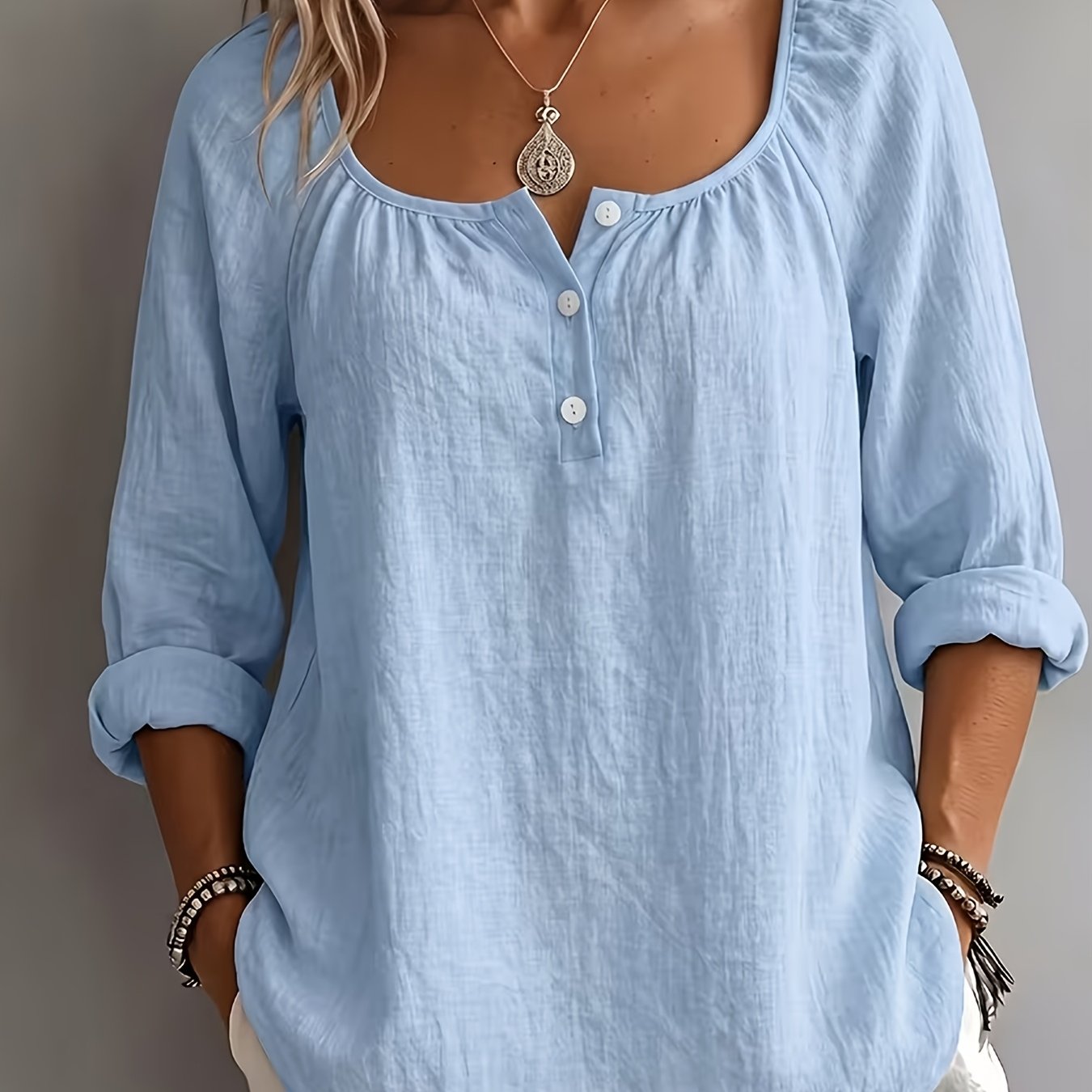 TEMU Plus Size Women's Casual Long Sleeve Loose Shirt, Women's Retro Pleated Round Neck Design, Breathable And Sweat-absorbent, Suitable For