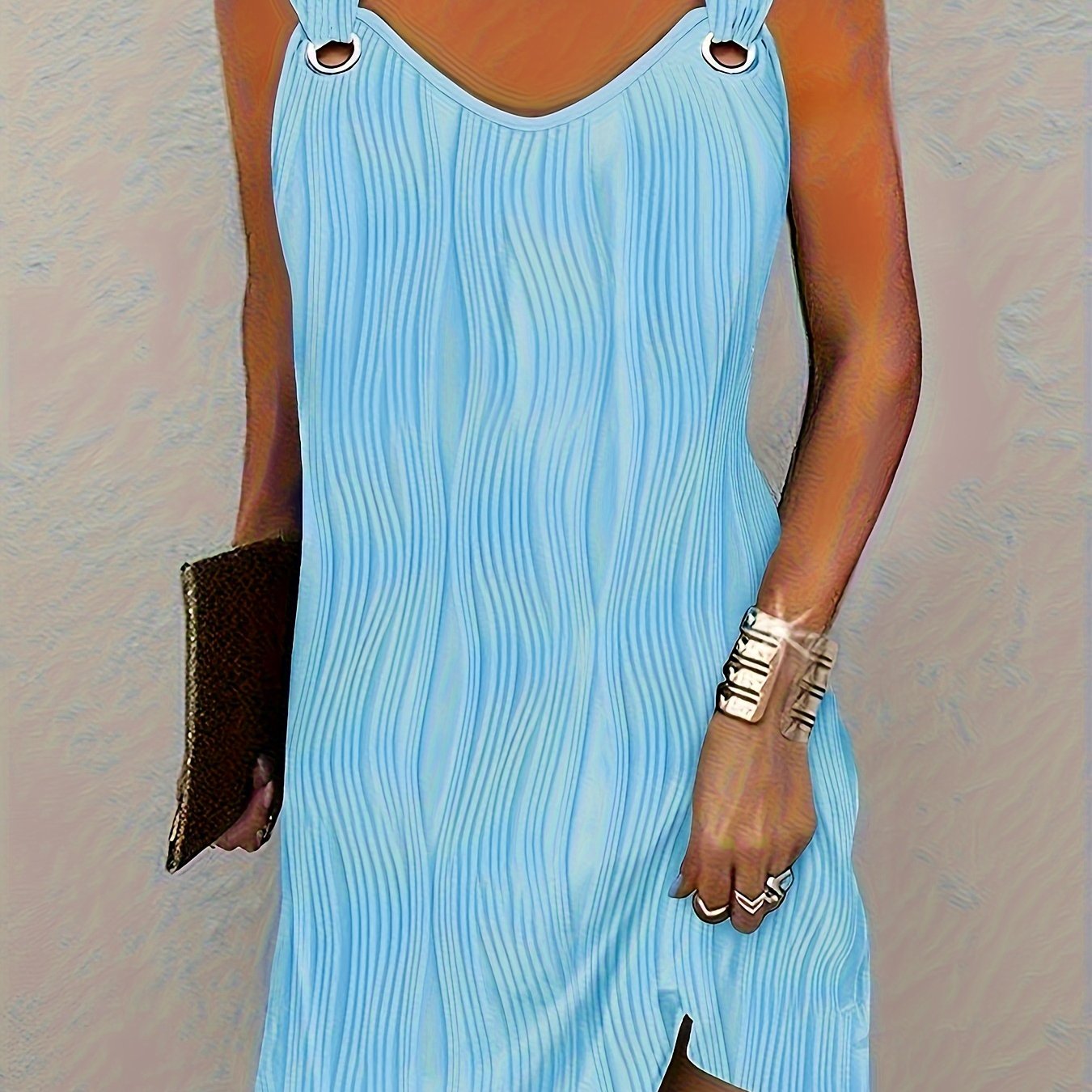 Image of Women' Color V-neck Sleeveless Casual Mini Dress