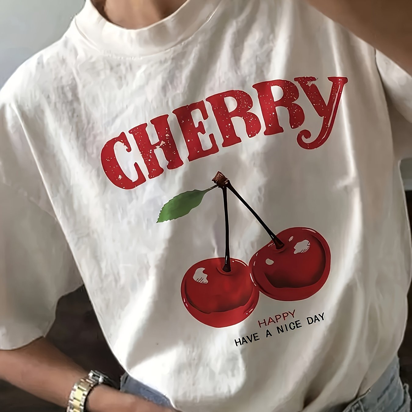 TEMU T-shirt décontracté femme à manches courtes et col rond avec imprimé cerises et lettres