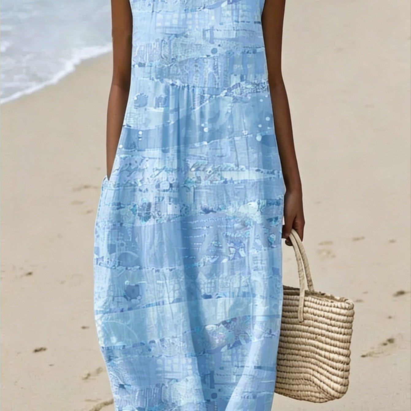 Image of 2d Flat Print French Gentle Wind Floral Dress For Women, Summer Neck Sleeveless Loose Medium And Long Vest Skirt, Fashionable Casual Dress, A Must-have Item For Beach Vacation And A Perfect Gift