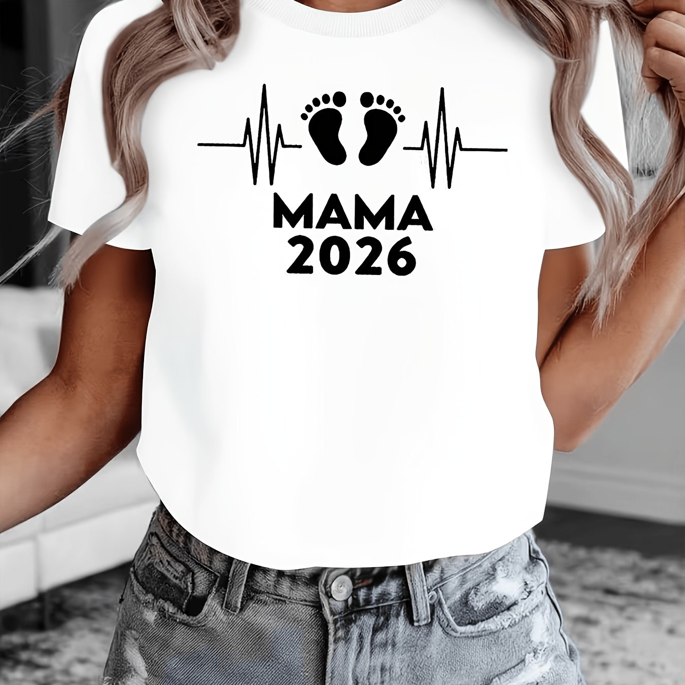 TEMU 2026 Pregnant Women Commemorative 2026 Letter Print Round Neck T-shirt For Women, Casual Outing Holiday Gift, Gathering Wear