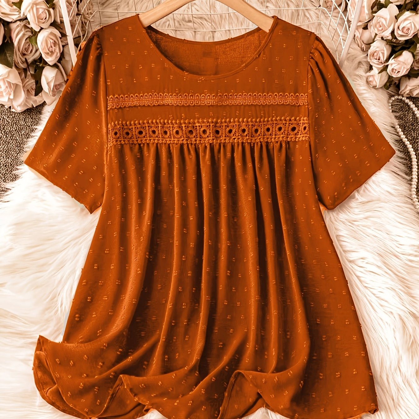 TEMU Plus Size - Summer New Style Fabric Large Size Women's Shirt, Lace Design, Loose Round Neck Jacquard Short-sleeved Top, Bohemian Style Jacquard