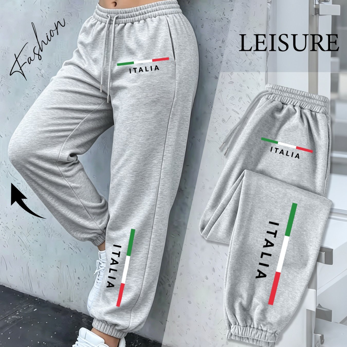 TEMU European And Italia Italian Flag Stripe Letter Print Ankle-cinching Sweatpants Women's Drawstring Loose Jogging Pants Smooth Versatile Casual