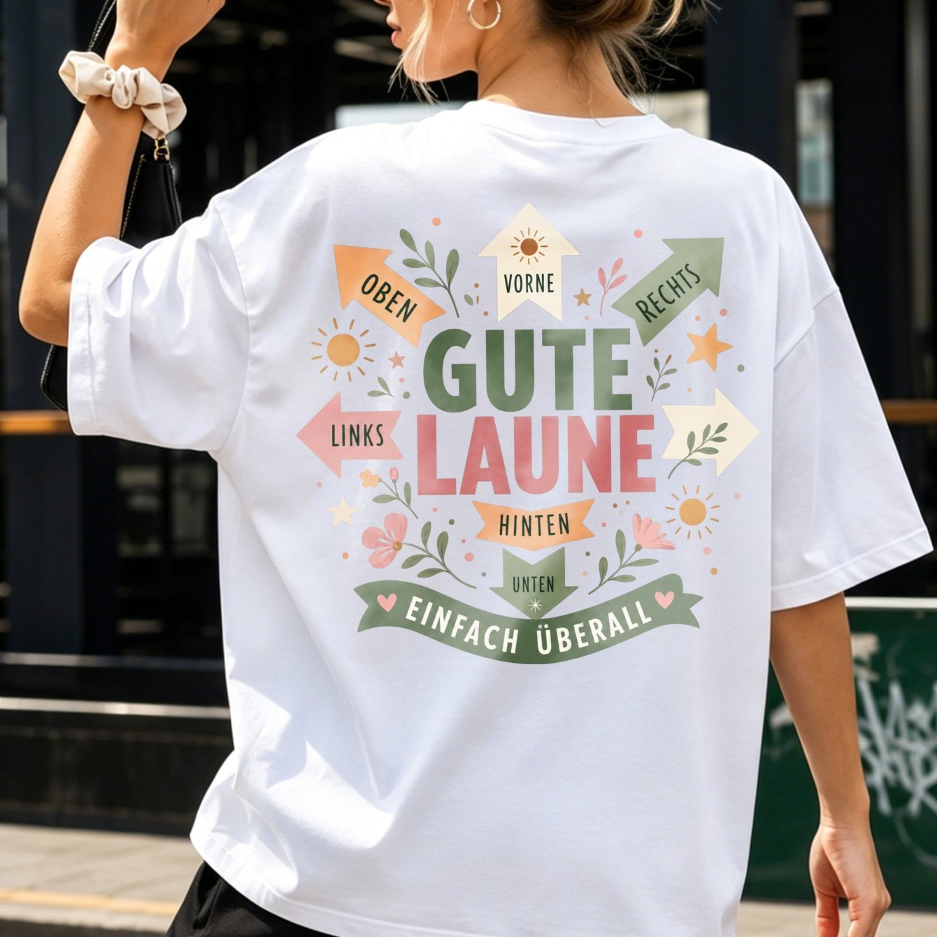 Image of Plus Size - Everywhere T-shirt Green Pastel Arrows Flowers Sunshine Graphic Minimalist Casual Short-sleeve Women's T-shirt With Back Print