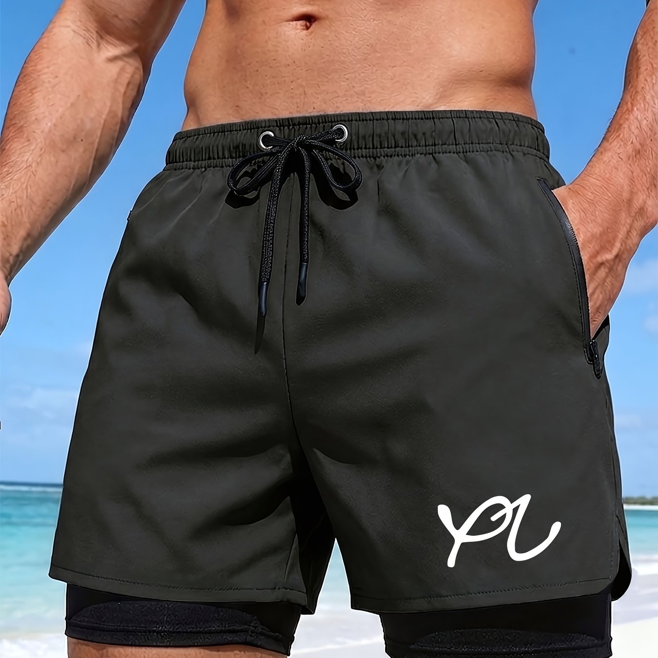 TEMU Men's Beach Shorts, Men's Swim Trunks, Double-layer Beach Shorts For Men, Double-layer Swim Trunks For Men, Teen Mesh-lined Beach Shorts, Teen