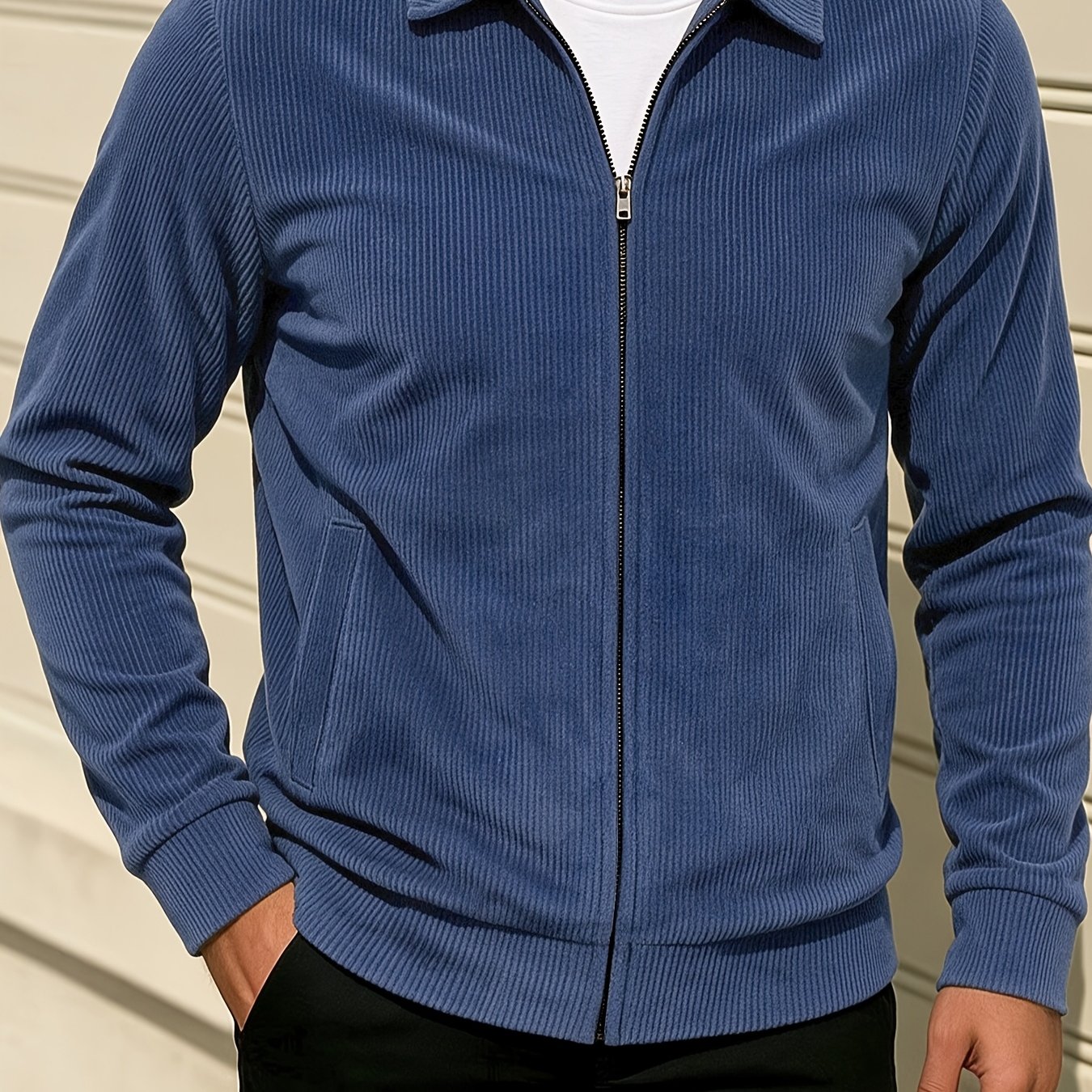 TEMU Obm Men's Corduroy Lapel Sport Casual Jacket, Vintage Minimalist Solid -zip Style, Spring/autumn Daily Business Casual Men's Outerwear