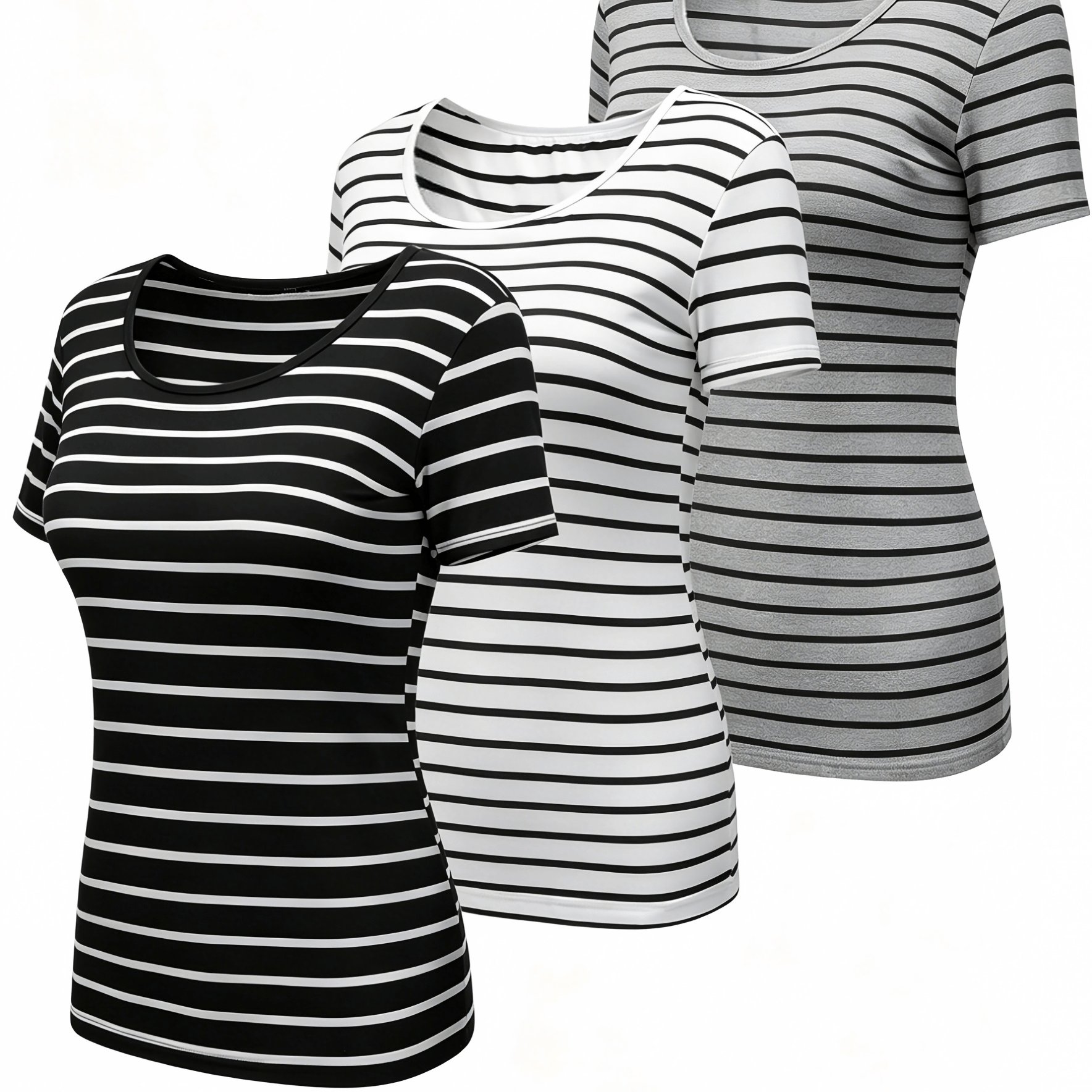 TEMU 3pcs Black White Gray Mixed Women's Fashion Striped T-shirt Set, Comfortable And Elastic Breathable Fabric, Stylish And Elegant Design, Suitable