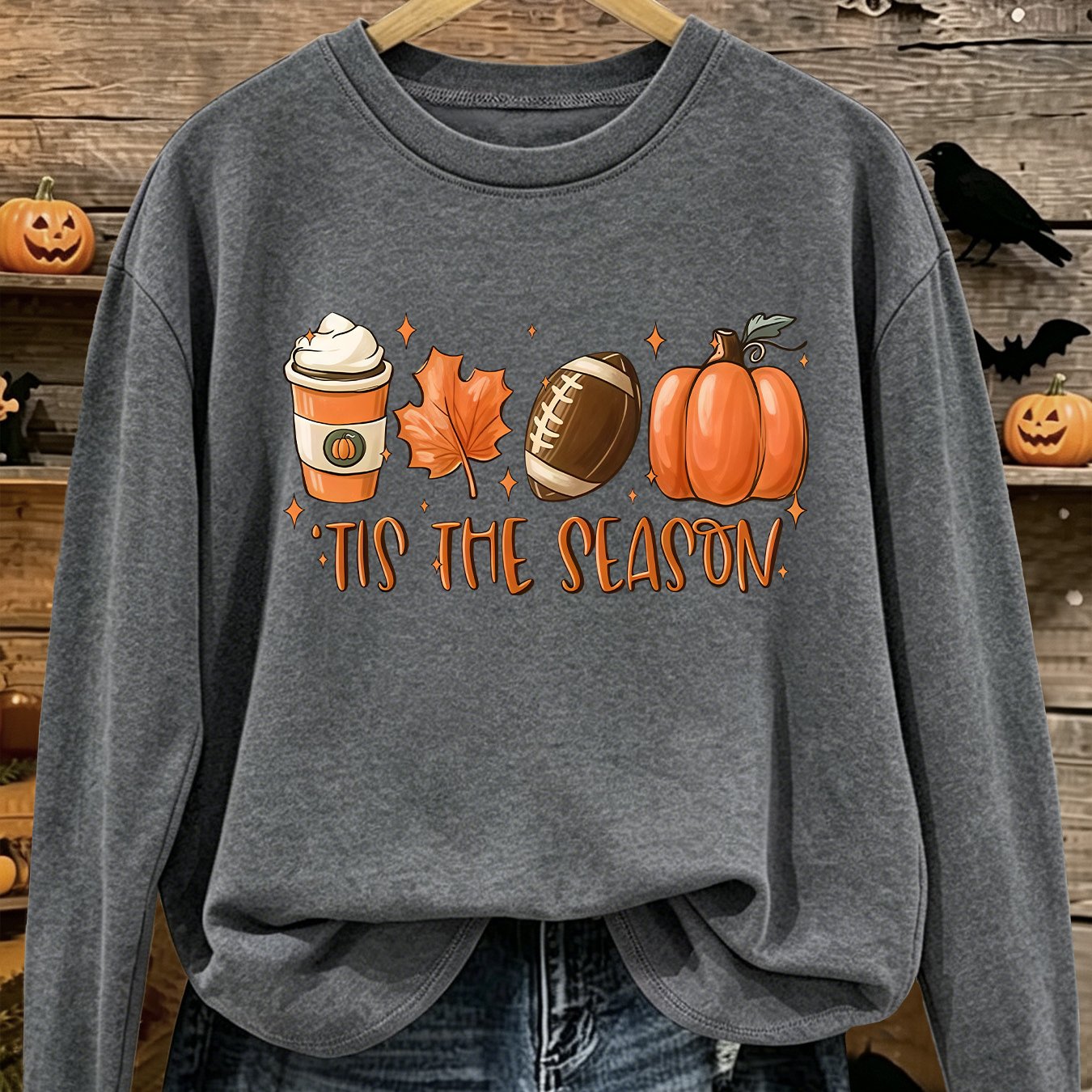 TEMU Sizes (s-xxl) Women's Casual Long Sleeve T-shirt - [halloween] Pumpkin Coffee Football English Pattern Print Round Neck Long Sleeve T-shirt.
