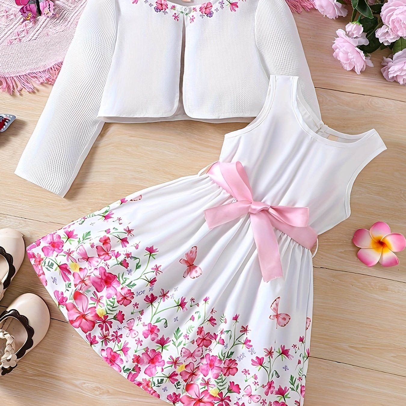 Image of 2pcs Set: Girls' Elegant And Floral Print Sleeveless Round Neck Dress With Belt + Sweet Floral Print Solid Color Jacket Set, Christmas Set, As A Gift, For Holiday Parties