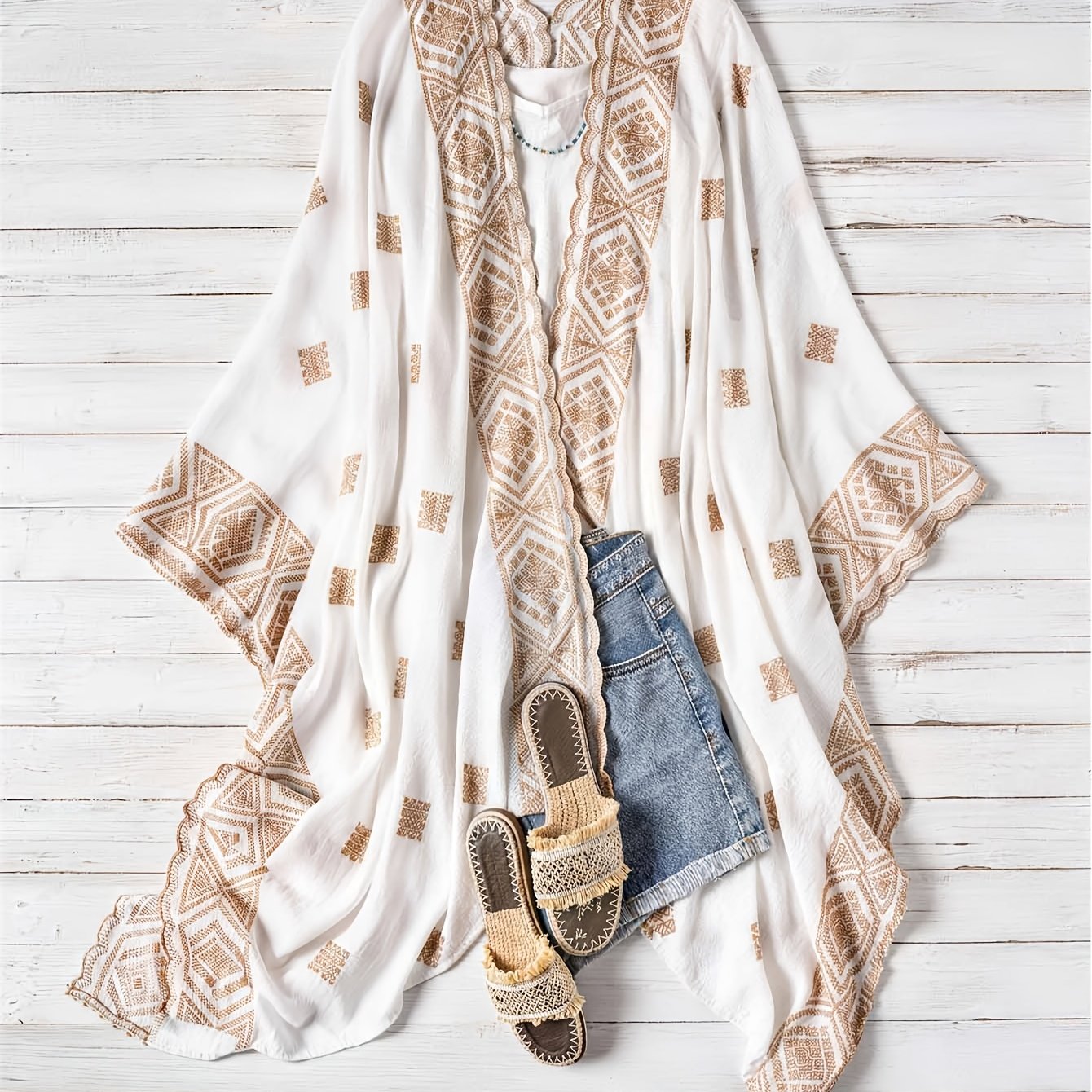 Image of Plus Size, Women's Bohemian Geometric Print Cardigan, Beach Cardigan, Summer Loose Outerwear
