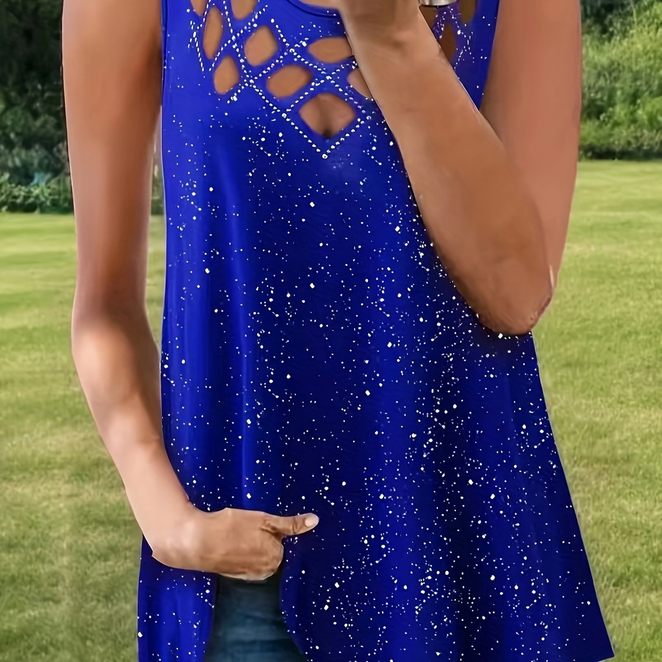 Image of And Summer Fashion Elegant Sexy Hollow Out Rhinestone Sleeveless Vest Solid Color T-shirt For Women