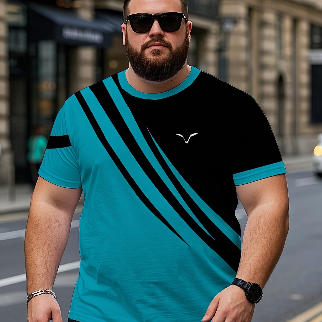 TEMU [Design d'impression - Non texturé] T-shirt deux pour hommes grande taille avec imprimé incliné - Col rond contrasté, haut décontracté à manches