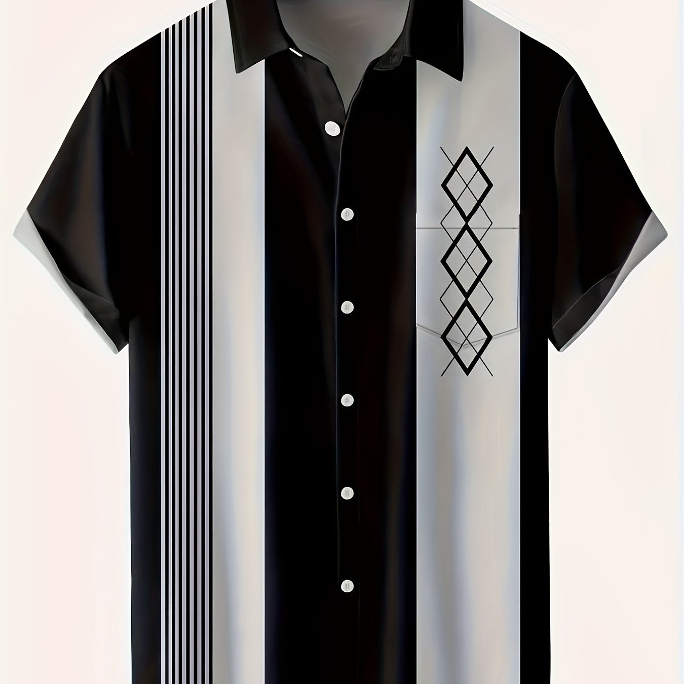 TEMU Heren Oversized Gestreept & Argyle Grafisch Print Overhemd Voor De Zomer, Trendy Casual Korte Mouw Overhemd, Bowling Tops