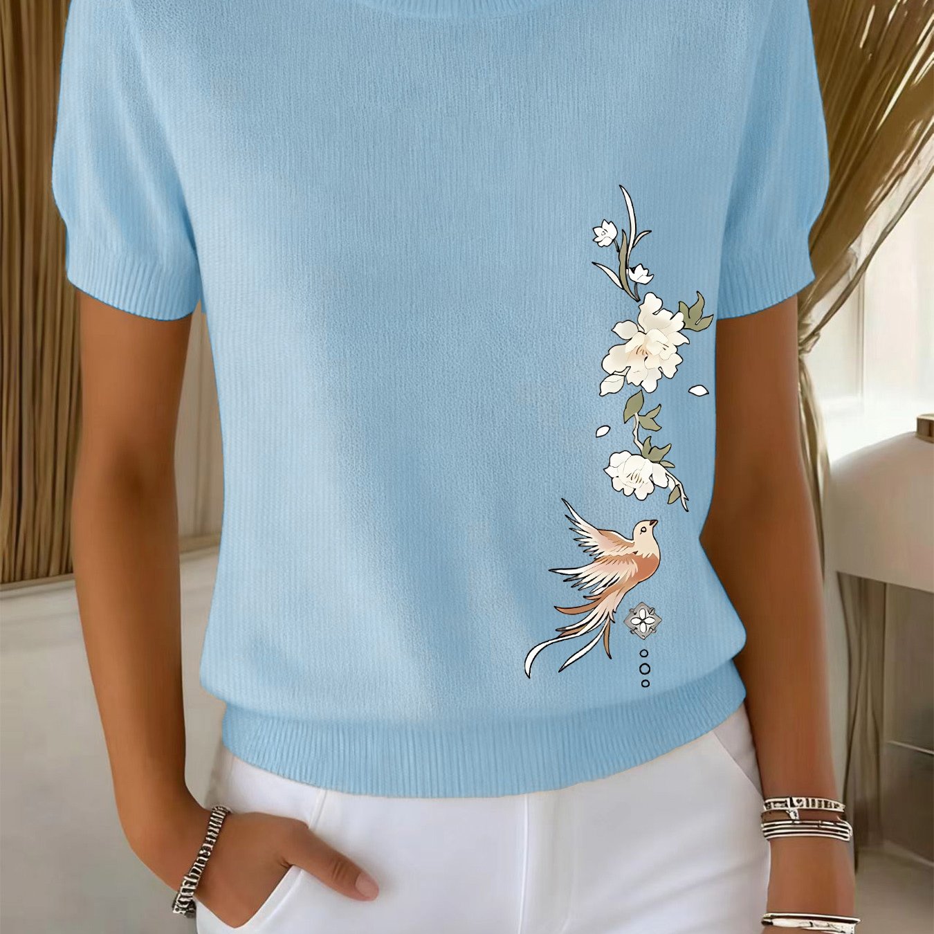 TEMU Ladies' Casual Sweater - Short-sleeved Loose-fitting Pullover With A Round Neck, Slightly Stretchy Comfortable Top, Textured Design, Durable