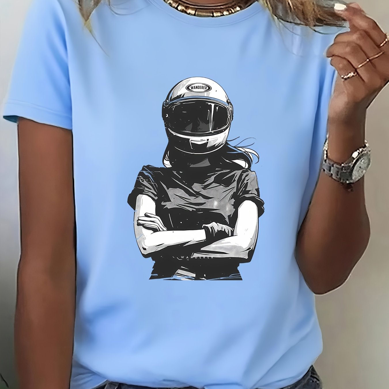 TEMU 1pc Fun Printed Short Sleeve, Biker Motorcycle Rider Cool Pattern, Women's Fashion Casual Short Sleeve T-shirt Blouse, Trendy Individual Fun