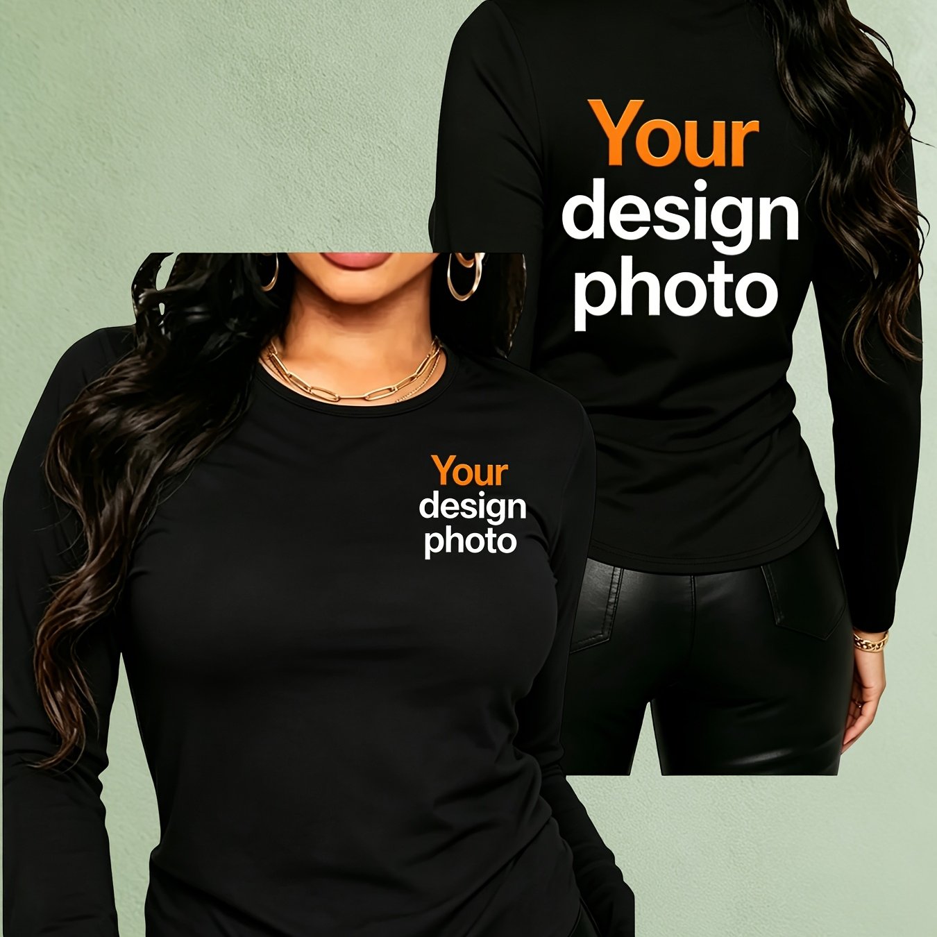 TEMU Custom Printed Round Neck Long Sleeve Women's T-shirt, Casual Wear, Versatile And Fashionable Style, Front And Back Customization