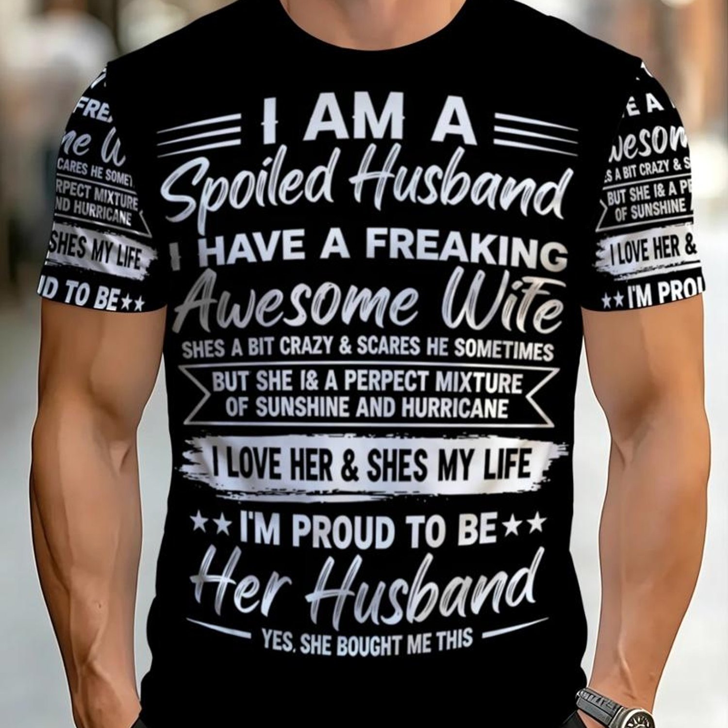 TEMU Men's Novelty T-shirt, Mixed Colors, Multiple Specifications , Polyester Material, Black With White Text Design, "i Husband" Print, Expressing