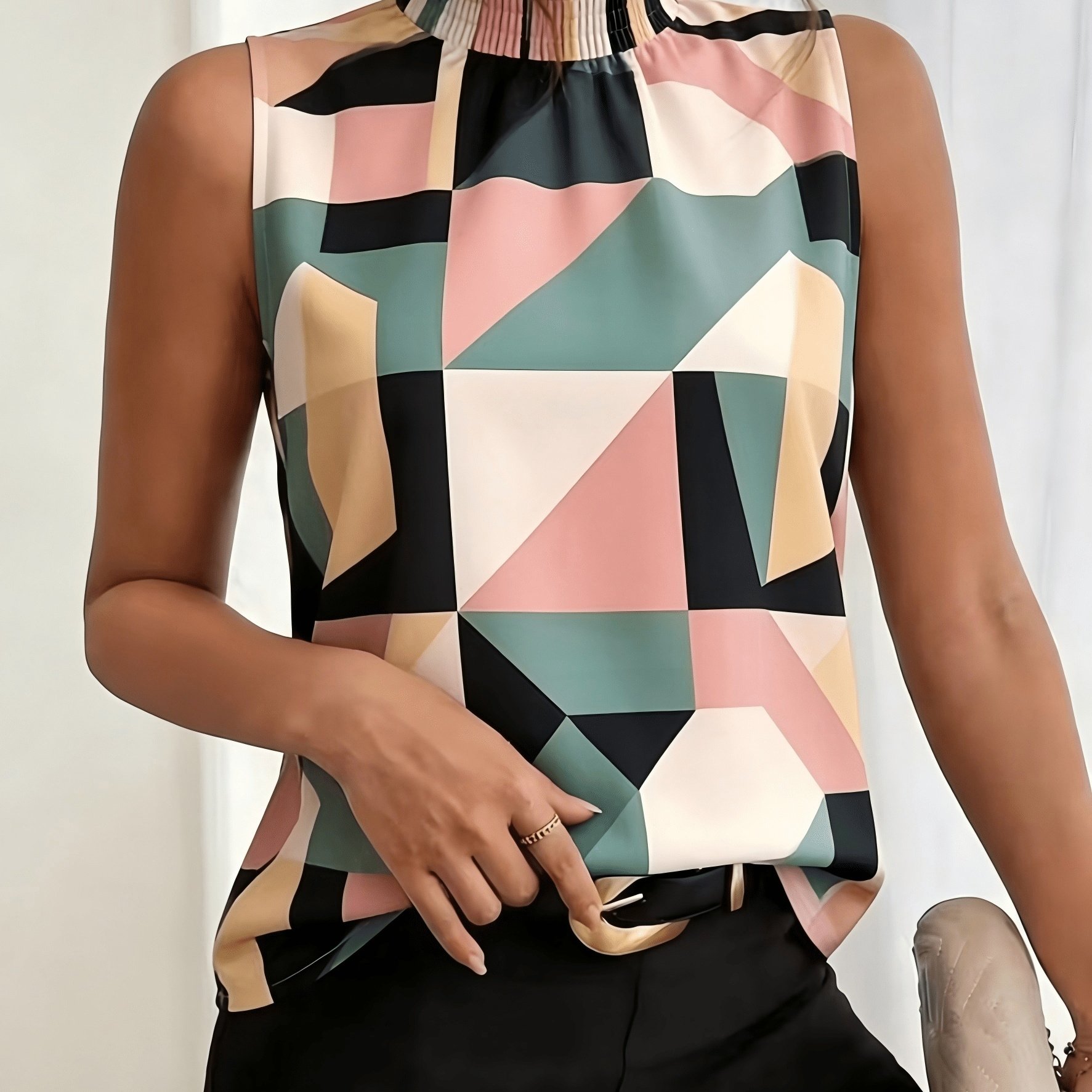 TEMU Women's Geometric Print Ruffle Stand Collar Sleeveless Top â Elegant Versatile Summer Apparel For Work And Casual Wear