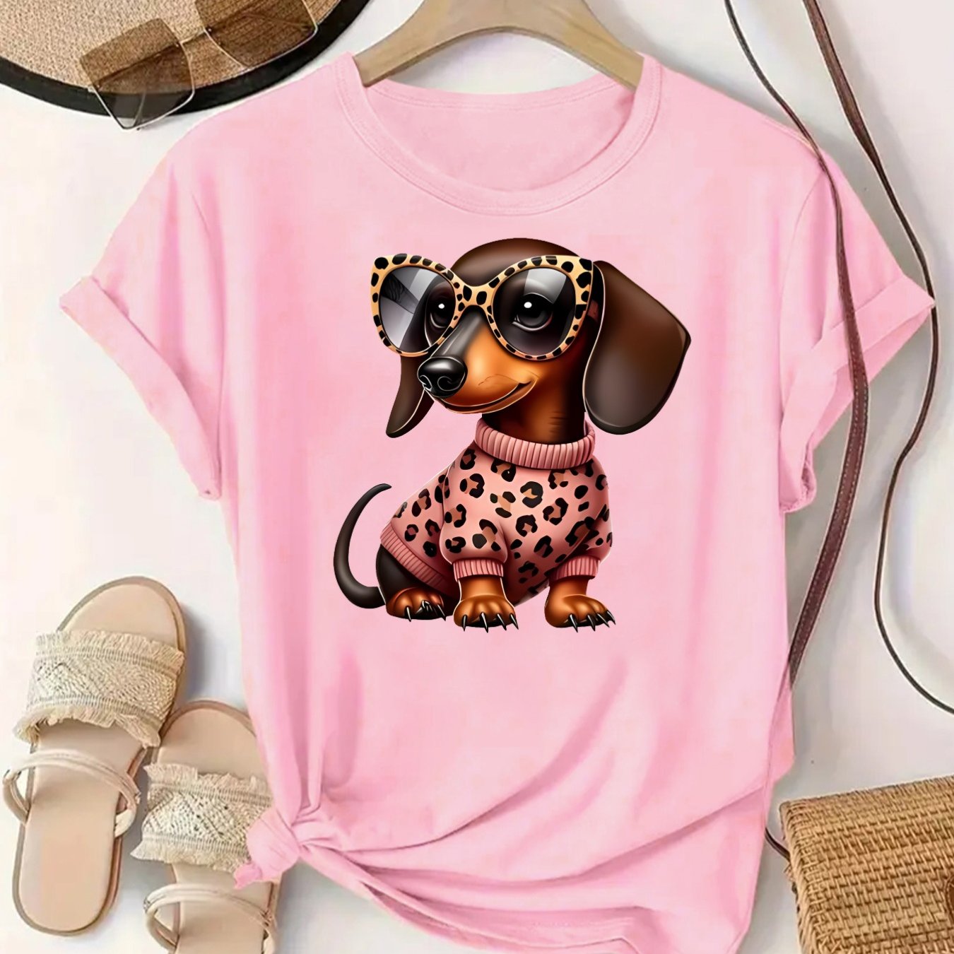 TEMU Camiseta deportiva de moda para mujer, cómoda, de cuello y manga corta, con estampado de diseño de un perro salchicha adorable con gafas de moda