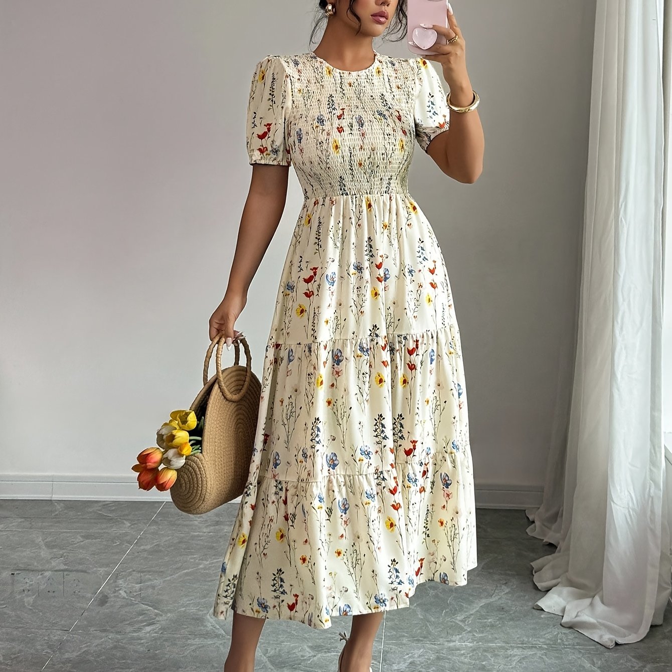 TEMU Elegant Floral Print Floral Print Waist-cinching Multi-panel Spliced Women's Dress