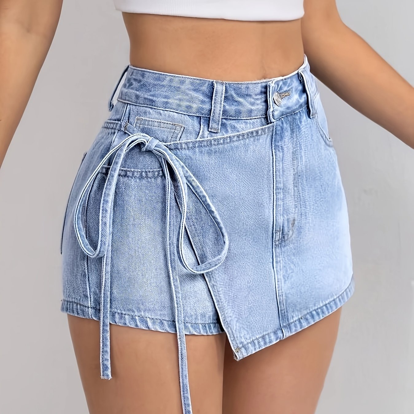 Image of Women's 2025 Asymmetrical Hem Mid-rise Shorts Skirt - Non-stretch Denim-style Fabric, Adjustable Tie Belt, Machine Washable Spring/summer Casual Elegant Skirt Pants
