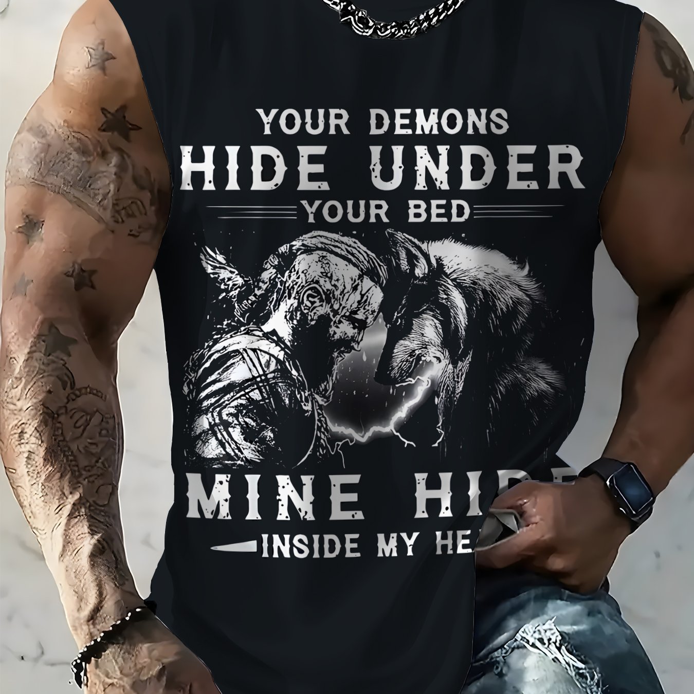 TEMU Men's & Wolf Sleeveless Tank Top - Viking Print Shirt, Dark Hardcore Style Round Neck Streetwear For Gym, Summer Outfits, Casual Wear - Machine