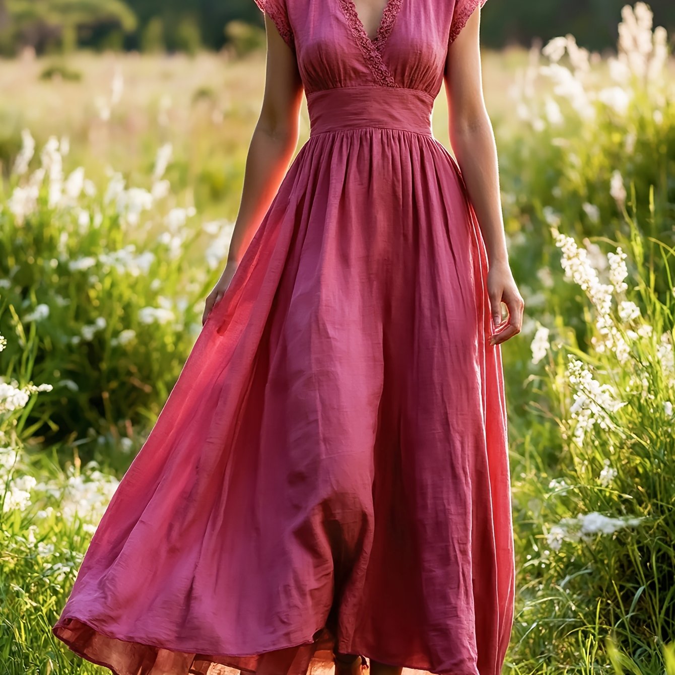 TEMU Ladies' Spring And Summer New French Retro Temperament Elegant Waist Solid Color V-neck Lace Sleeveless Dress Ytd Cherry