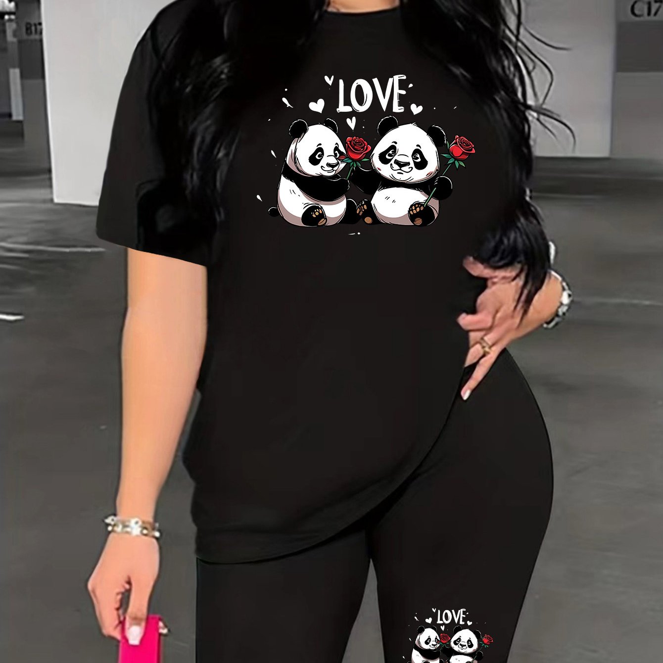 TEMU Women's Fashion Panda Set, Summer Knit Fabric, Polyester, Animal Pattern, Round Neck, , Matching Top And Shorts