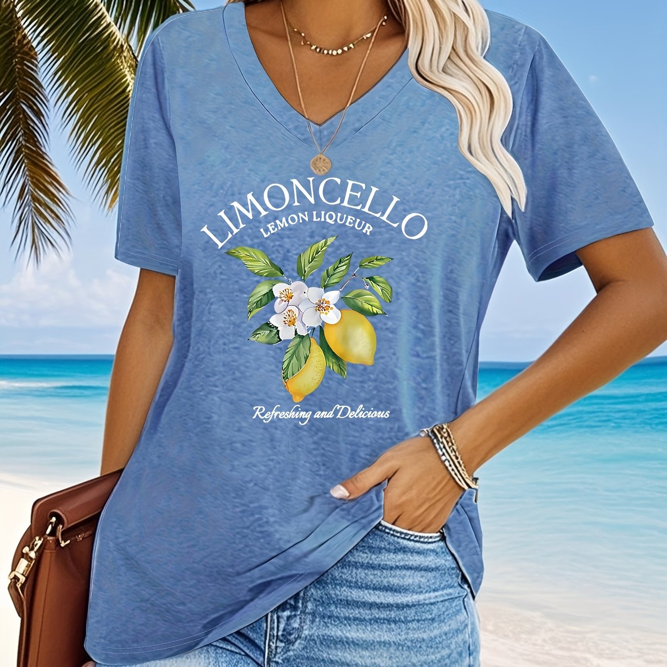 TEMU Plus Size, Plus Size Letter Print T-shirt, Short Sleeve V Neck Casual Top For Summer & Spring, Women's Plus Size Clothing