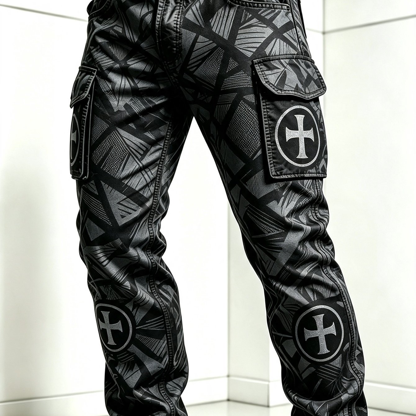 Image of Plus Size Men's Black And Gray Cross Work Pants, Multi-pocket Functional Casual Trousers, Suitable For Street Commuting, Outdoor Activities, And Everyday Wear, Vintage Men's Trousers