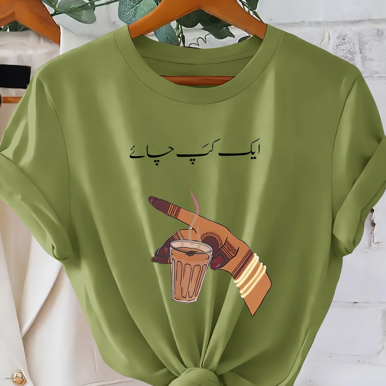 TEMU Women' South Asian Urdu Script -shirt - Vintage Hand-painted Chaai Tea Henna Short Sleeve Blouse Top | Round Neck Suitable For Parties, Casual