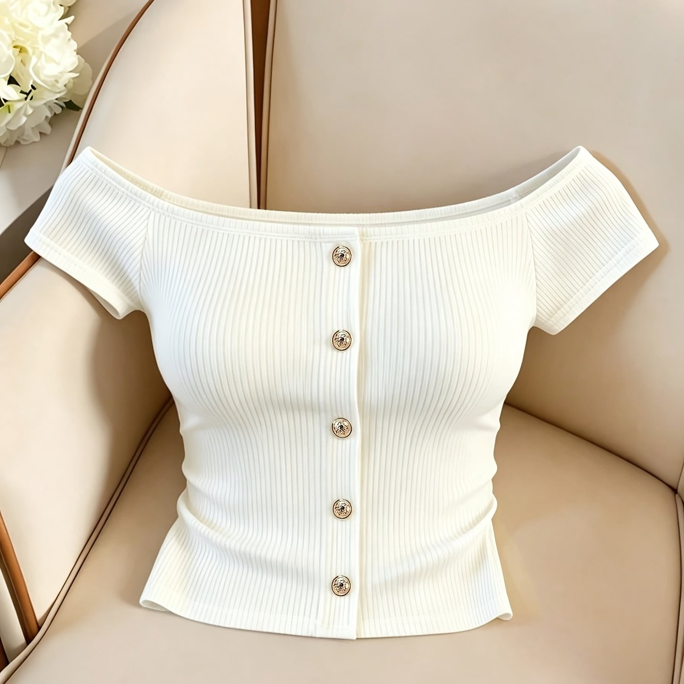 TEMU Women's Elegant Off-shoulder Button-decorated Slim-fit T-shirt