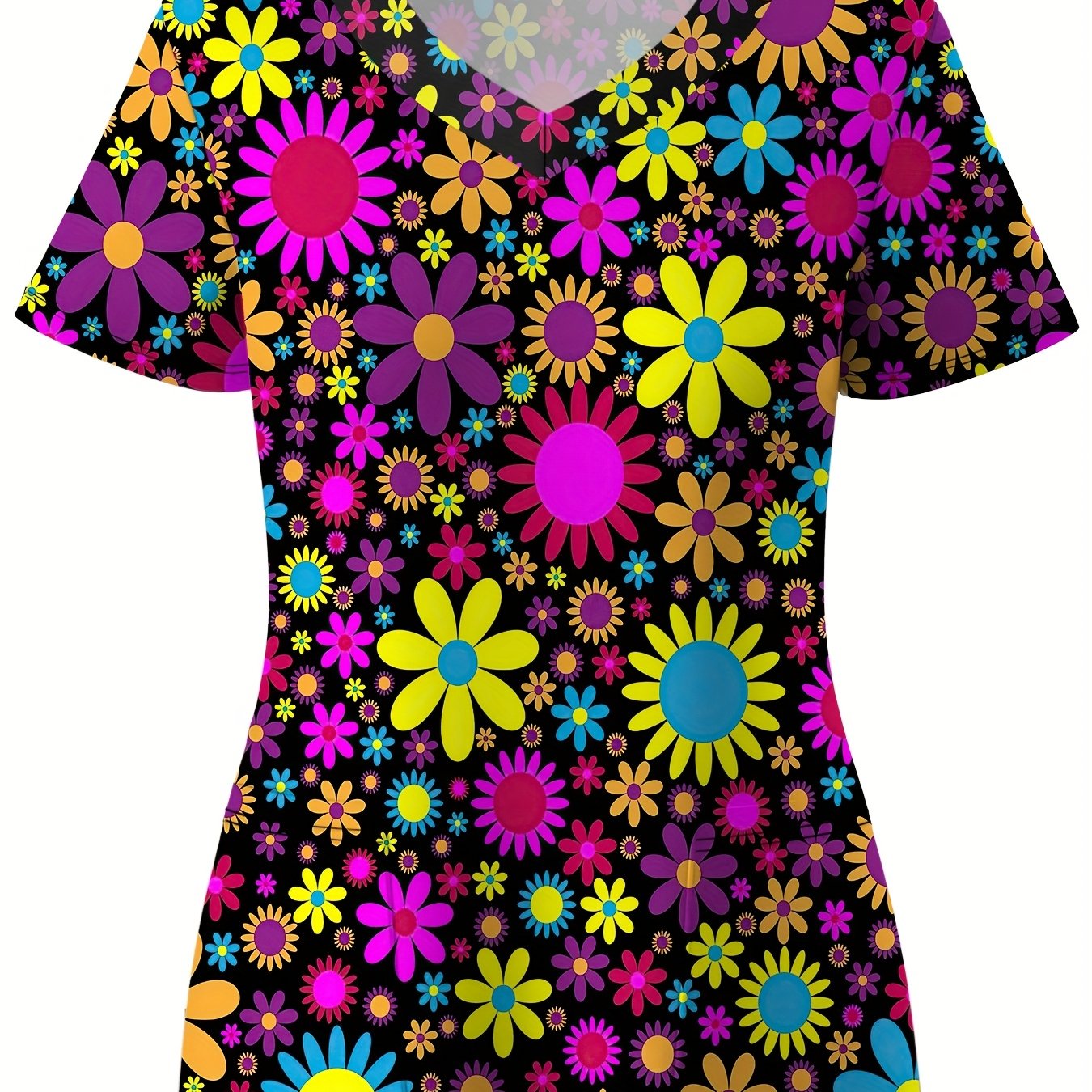 TEMU Plus Size, Women's Plus Size Short Sleeve V-neck Blouse - Breathable Multicolor Floral Print Nurse Scrub Top With Pockets, Summer Uniform For