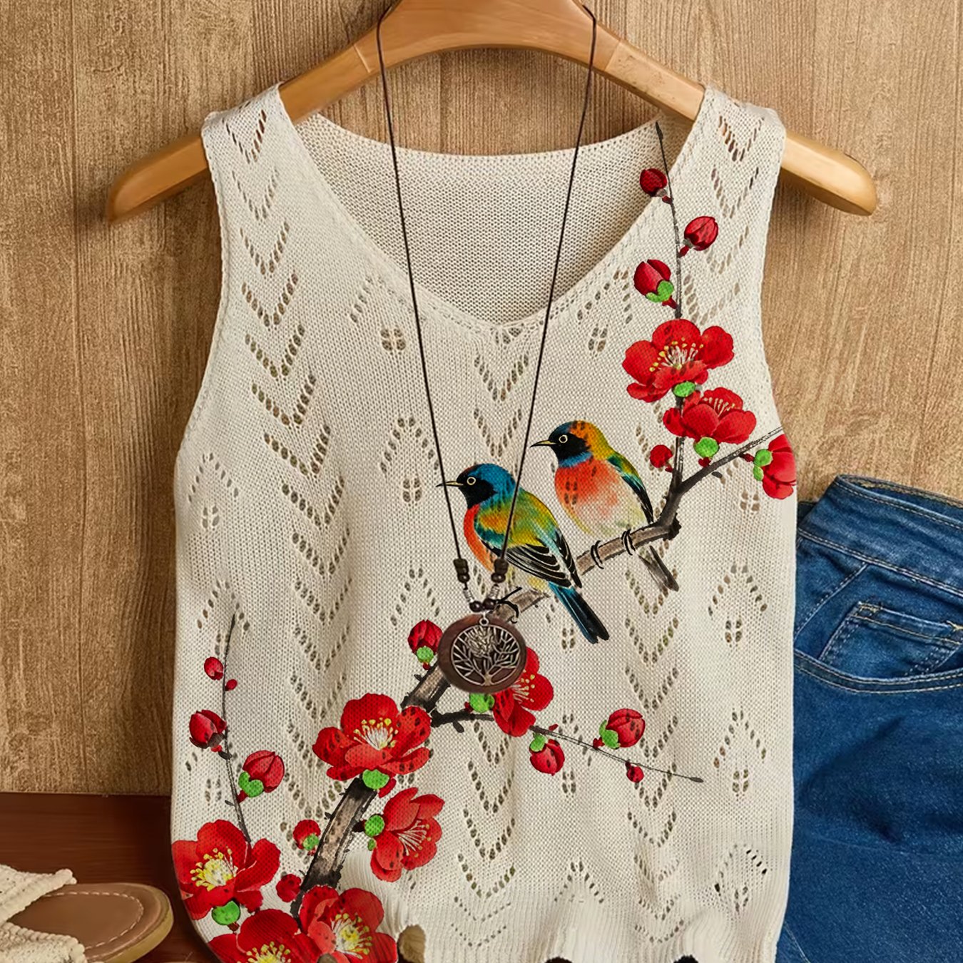 TEMU [2d Digital Printing] Women's Spring/summer Sleeveless Plum Print Tank Top, Early Spring Hollow-out Versatile Regular V-neck Inner Tank Top,