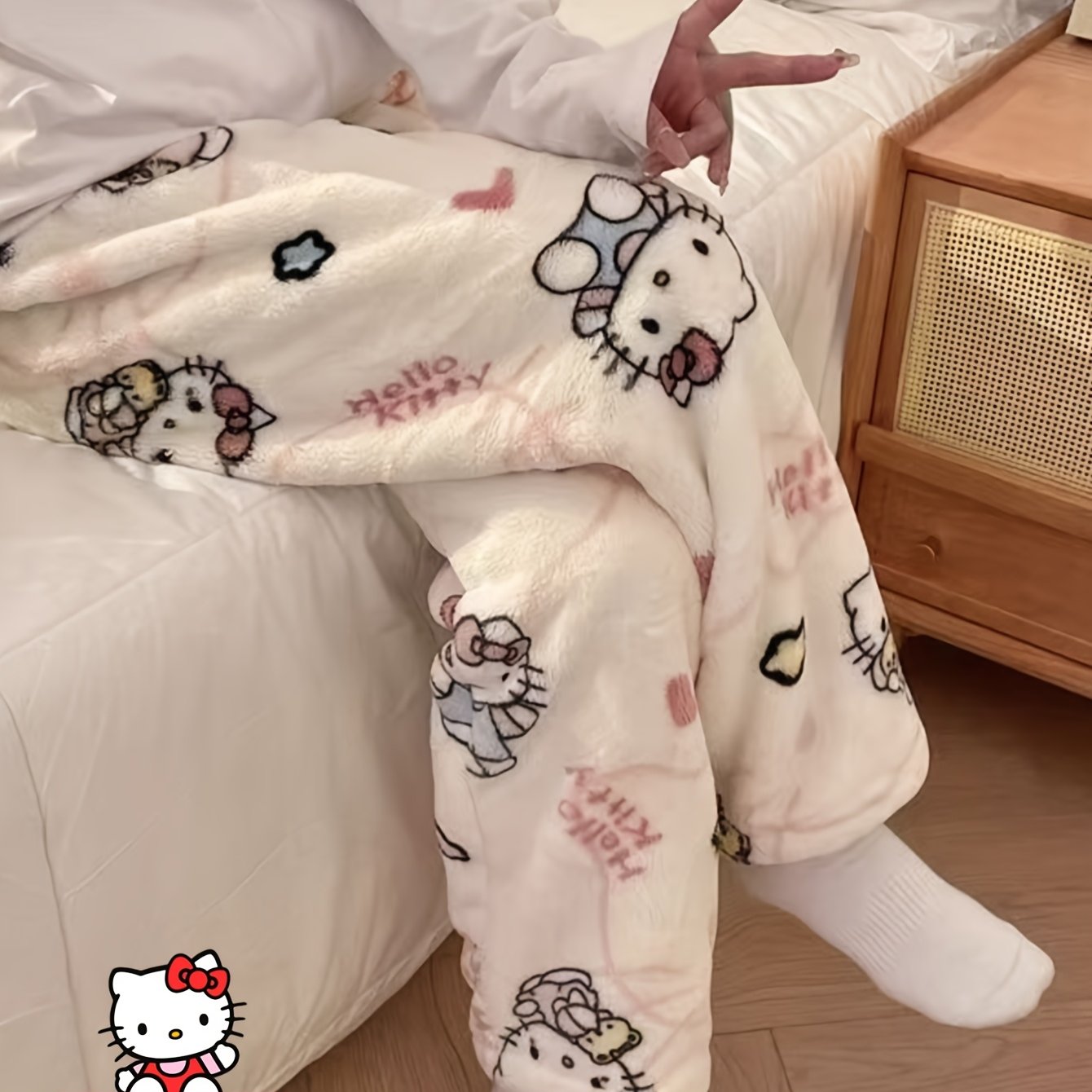 Image of Hello Kitty New Autumn/winter Warm -lined Thickened Cartoon Print Pajama Pants, Soft And Comfortable, Cute Apricot-colored Cartoon Home Pants