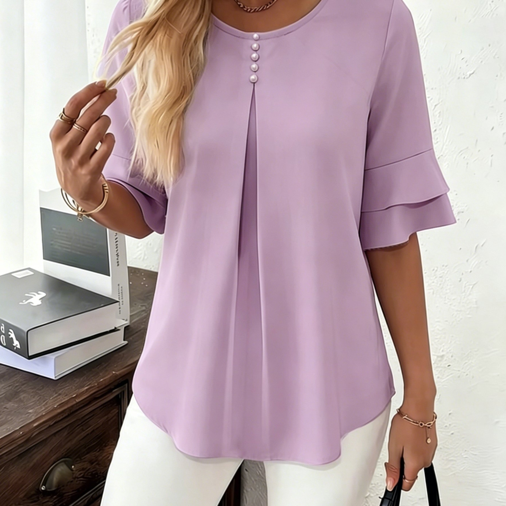 Elegant Flared Sleeve Shirt, Summer Loose Solid Round Neck Top