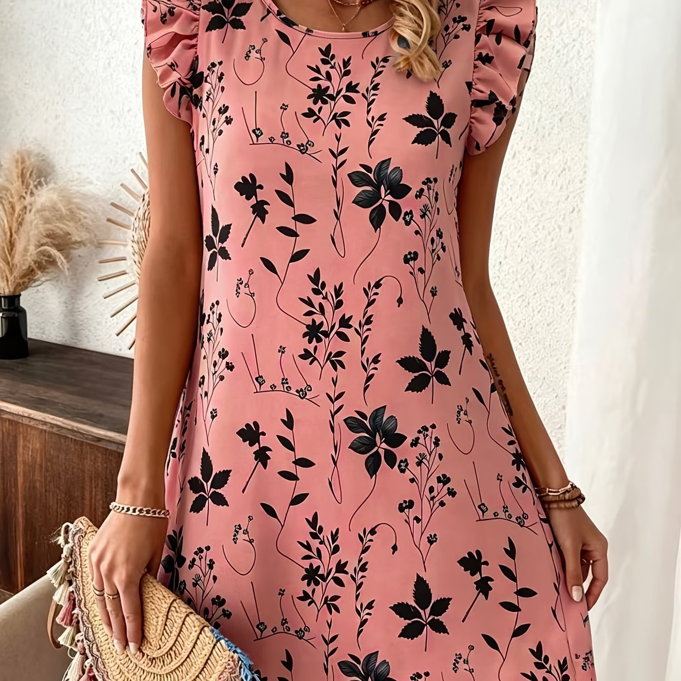 TEMU Plus Size - Plus Size - Elegant, Fashionable, Easy, Casual, Floral Print, Trim, Round Neck Sleeveless, , Beach Skirt, Sunset Dress, Lightweight