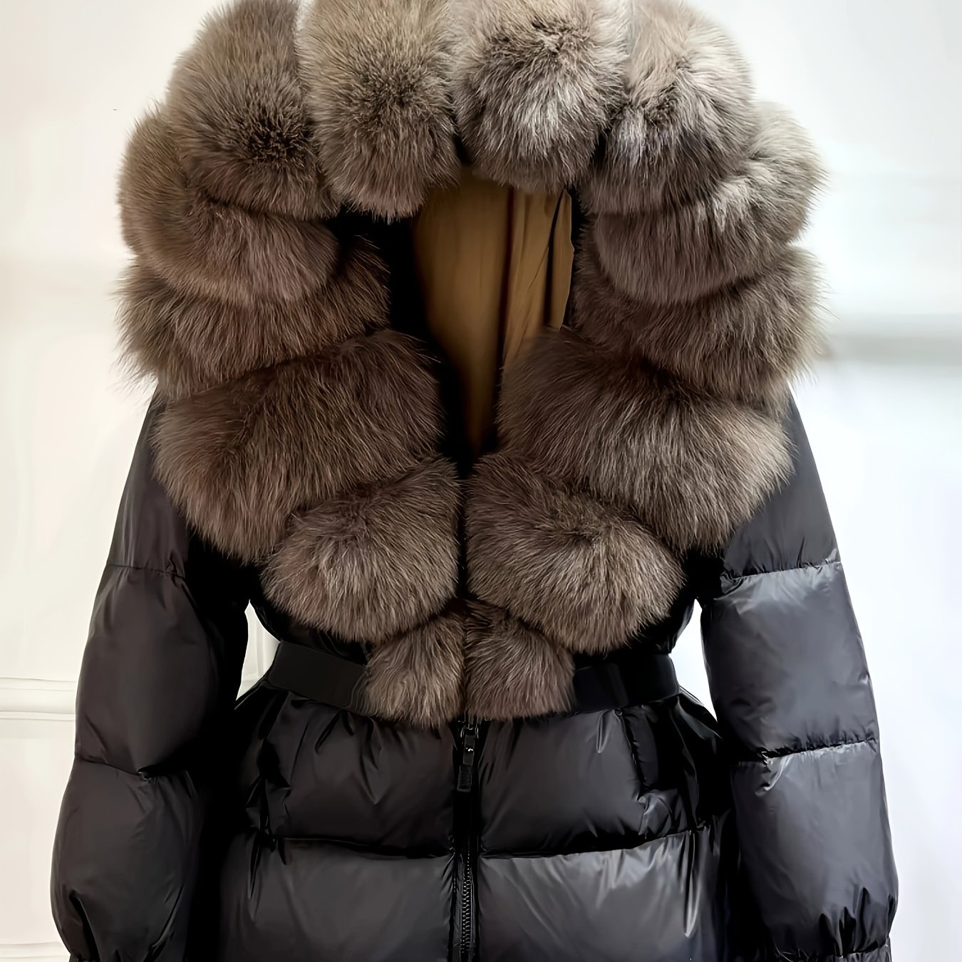 ЖенскаяЗимняяКурткасКапюшономиИскусственнымМехом-СтильноеЧерноеПальтонаМолниисПушистымКапюшоном,ДлиннымиРукавамииРегулируемымПоясомдляКомфортавХолоднуюПогоду