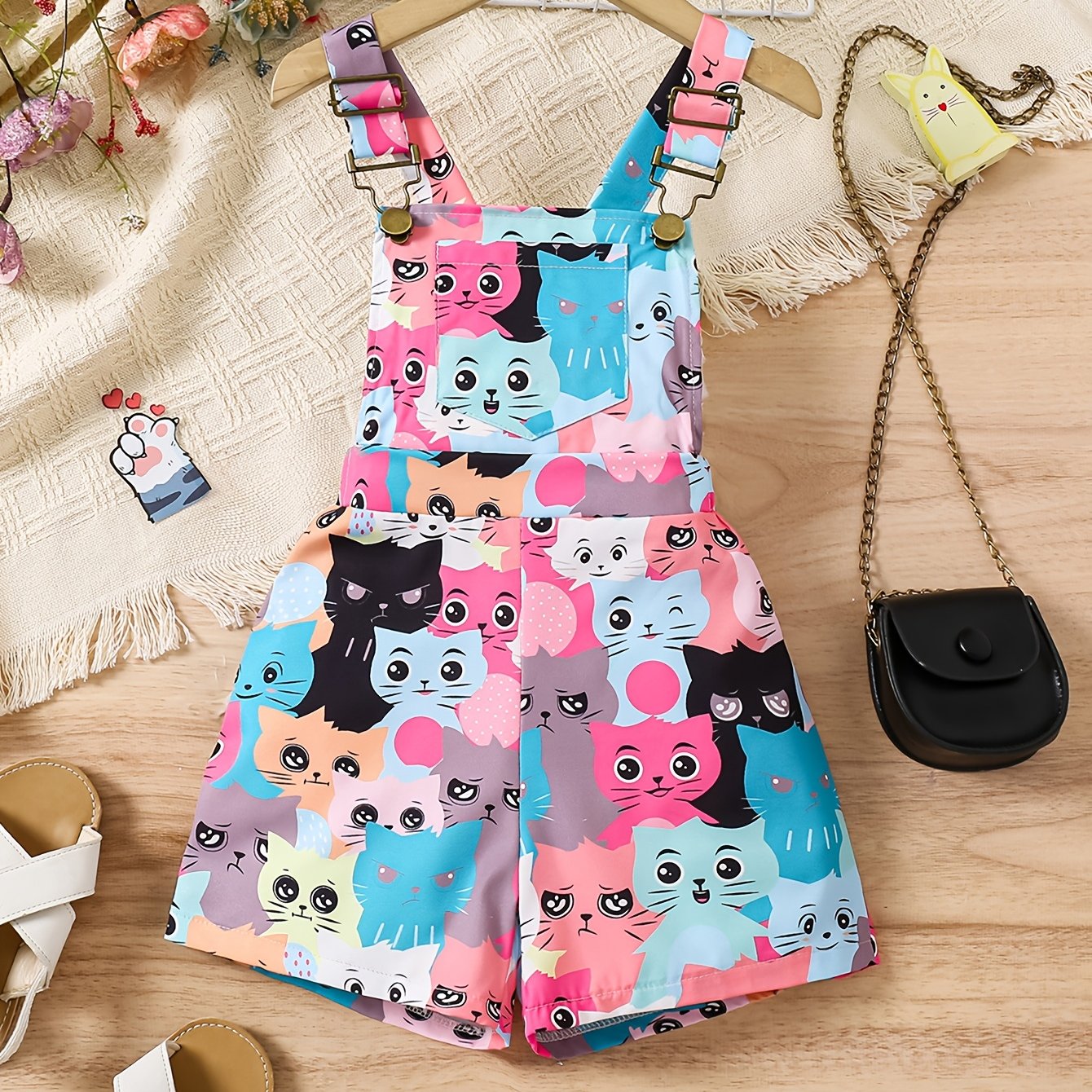 Image of The Girls' Cartoon Jumpsuit With Straps Is Perfect For Summer, Featuring Pockets Suitable For Vacations, , And Casual In Settings, For Outdoor