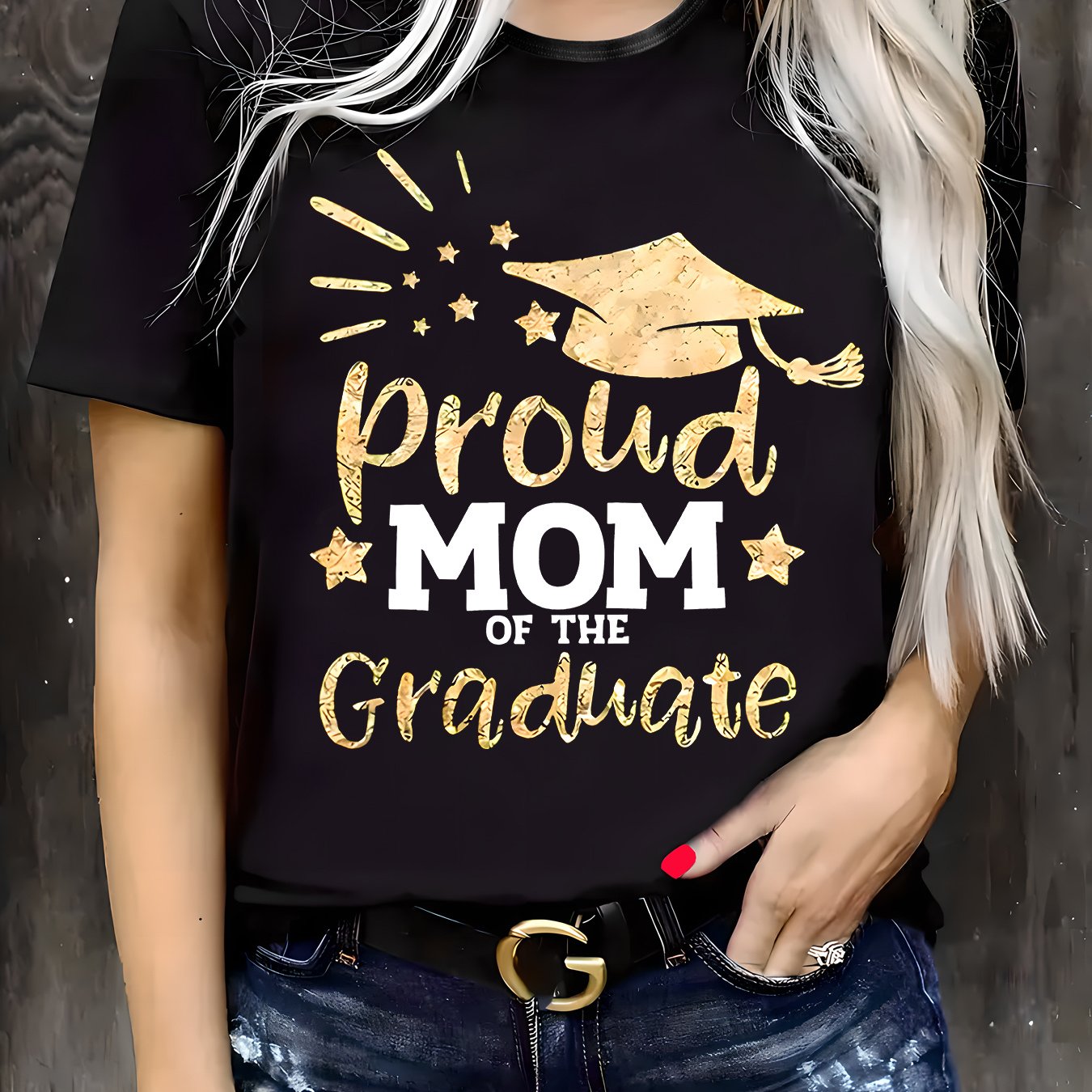 TEMU Women's " Mom Of " Graphic T-shirt - Black Casual Crew Neck Short Sleeve Top With Golden Lettering, Soft Knit Fabric, Celebrations