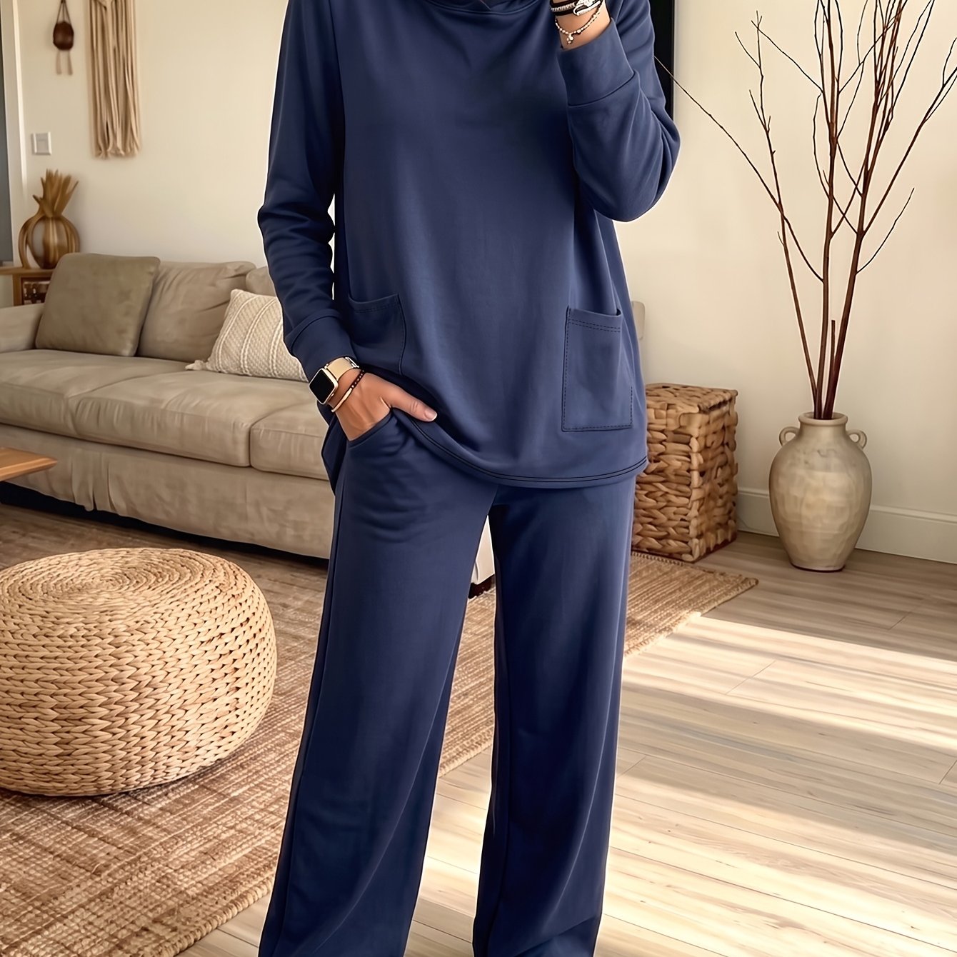 TEMU Conjunto de 2 piezas de talla grande para mujer con capucha para otoño-invierno, ropa casual de larga con bolsillo, sudadera con capucha y