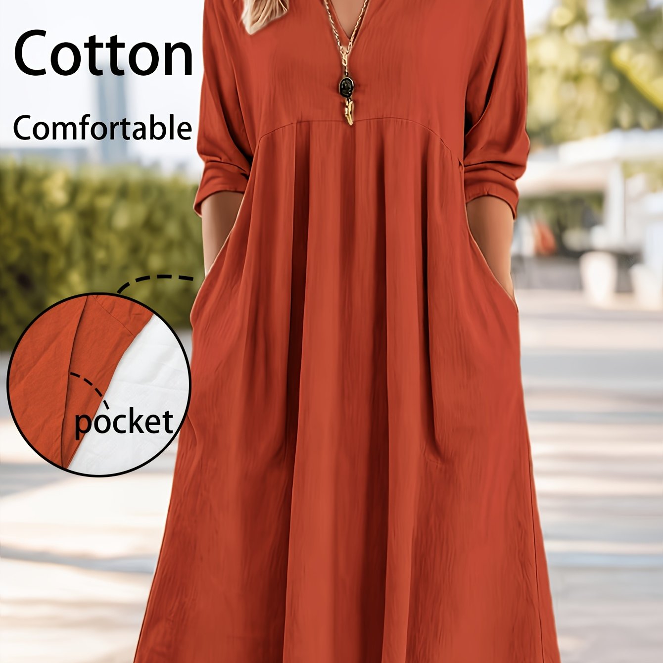 item picture womens casual loose fashion retro three quarter sleeve v neck pocket dress suitable for daily vacation   and shopping