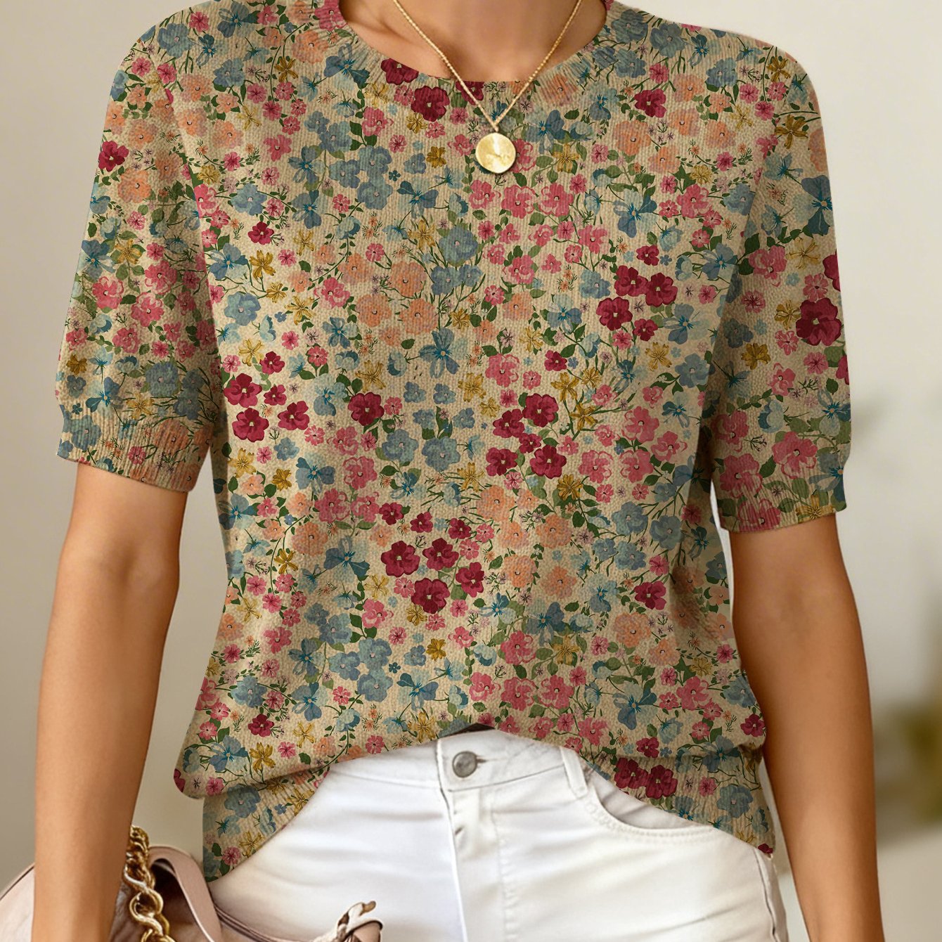 TEMU Spring And Summer Fashion, Stylish Round Neck Short-sleeved Women's Top, No Textured Print, Loose Fit, -friendly, Holiday Commuting, Versatile
